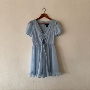 Light Blue Swiss Dot Knee Length Dress Size S 6 Puff Sleeve Lined B Smart